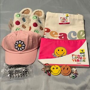 Smiley Kids or Adult Accessory Set - Cap, Tote Bag, bedroom slippers, pouch, etc
